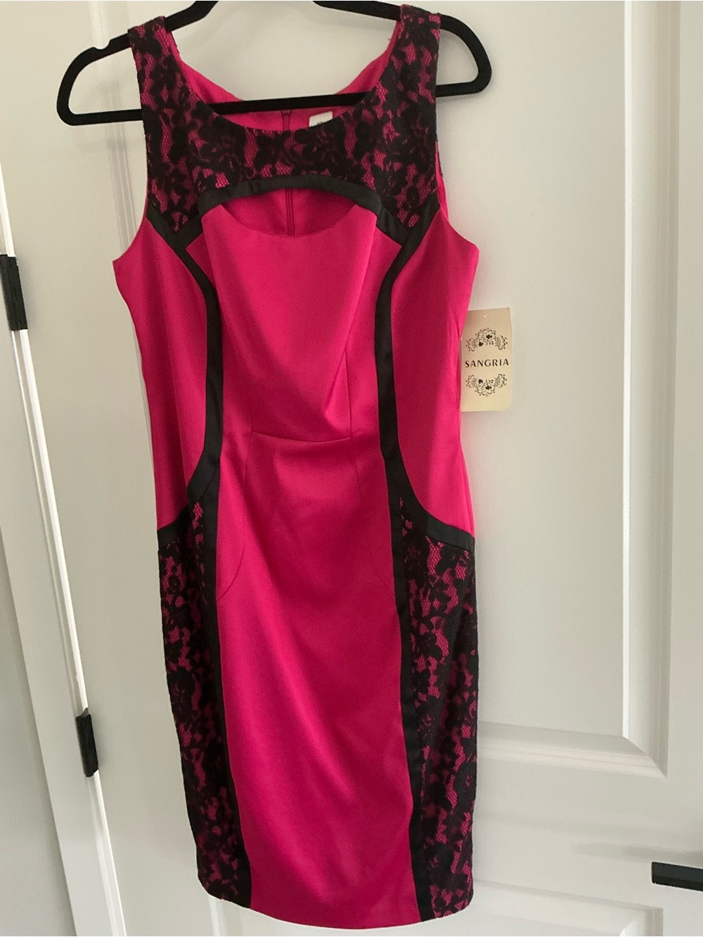 NWT, PINK SATIN DRESS WITH BLACK LACE INSERTS